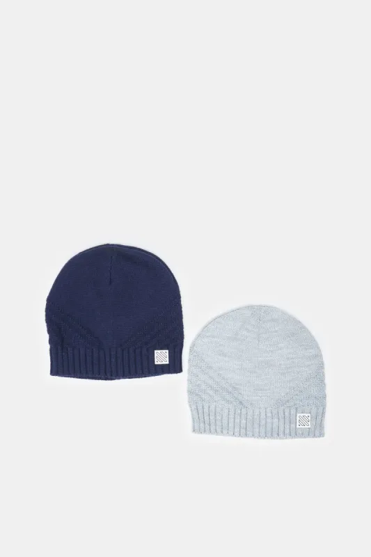 Men Navy And Grey Knitted Cap Set (Pack of 2) sold by Redtag