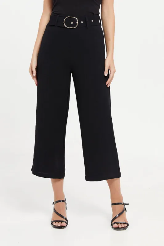 Women Black Cropped Wide Leg Trouser With Belt sold by Redtag
