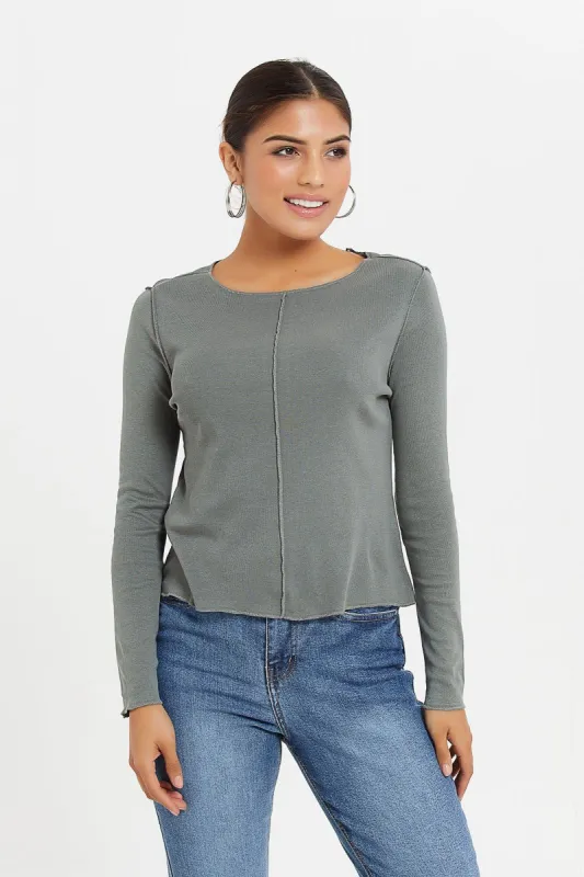 Women Green Detailed Long Sleeves T-Shirt sold by Redtag