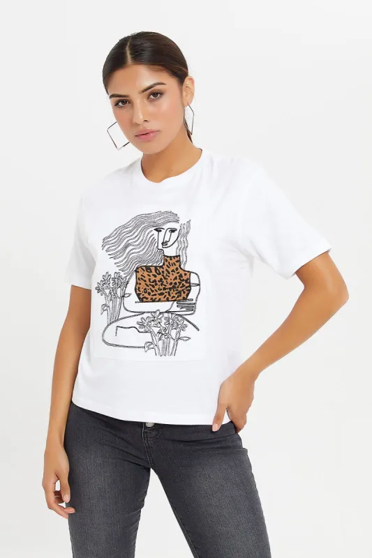 Women White T-Shirt With Front Artwork sold by Redtag