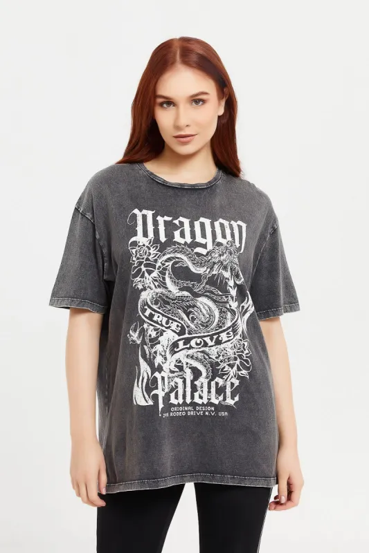 Women Charcoal Oversize Biker T-Shirt sold by Redtag