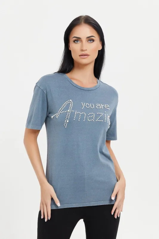 Women Blue Pearl Embellishment T-Shirt sold by Redtag