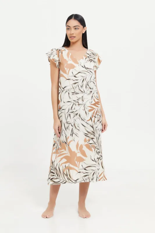 Women Ivory Printed Cap Sleeves Nightgown sold by Redtag