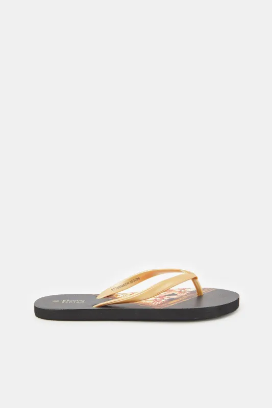 Women Gold Flip Flop With Frame Print sold by Redtag