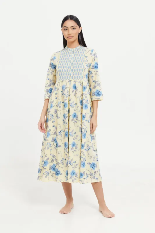 Women Yellow Floral Printed Nightgown sold by Redtag