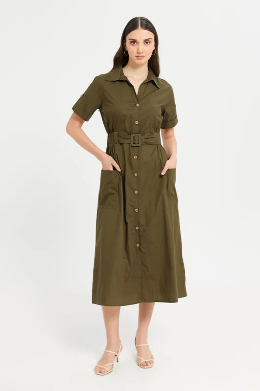 Women Olive Solid Front Button Shirt Dress With Belt sold by Redtag