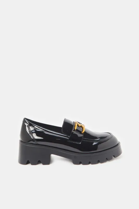 Women Black Patent Chunky Loafers sold by Redtag