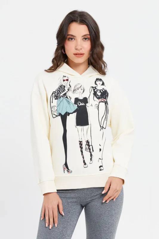 Women Ivory Printed Long Sleeve Hooded Sweatshirt sold by Redtag