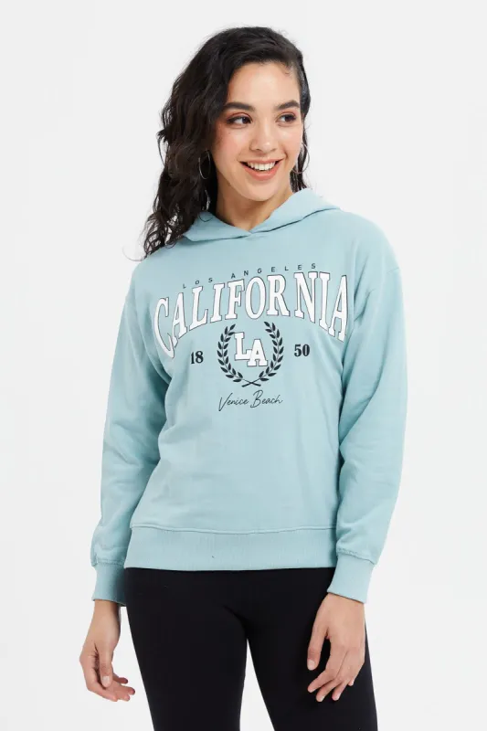 Women Blue Printed Hooded Sweatshirt sold by Redtag