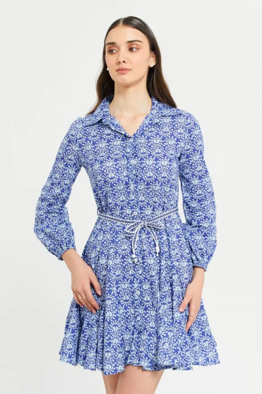 Women Blue Printed Long Sleeve Dress sold by Redtag