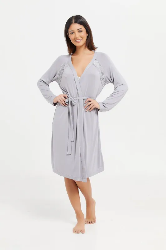 Women Grey Robe With Lace Detail sold by Redtag