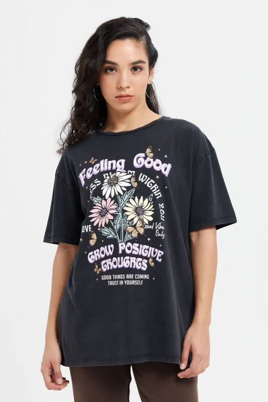 Women Charcoal Acid Wash Printed T-Shirt sold by Redtag