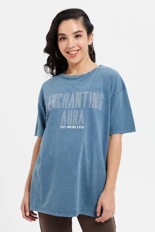 Women Blue Acid Wash Printed T-Shirt sold by Redtag