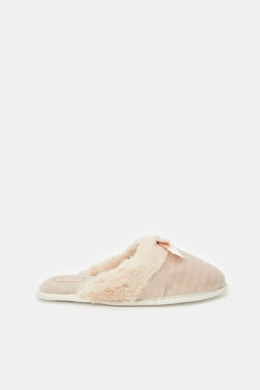 Women Beige Closed Toe Slippers With Satin Bow sold by Redtag