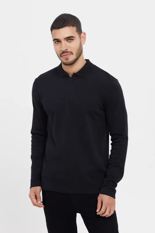 Black Zip Placket Long Sleeve Polo Shirt sold by Redtag