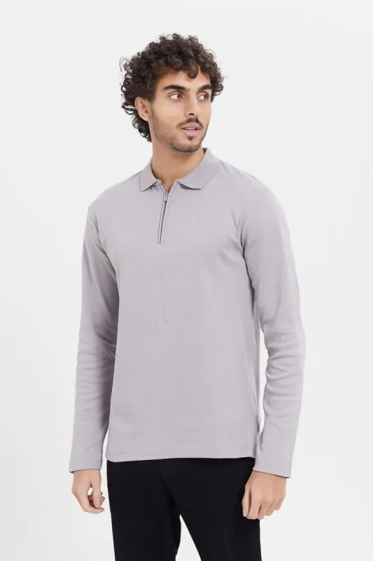 Men Grey Zip Placket Long Sleeve Polo Shirt sold by Redtag