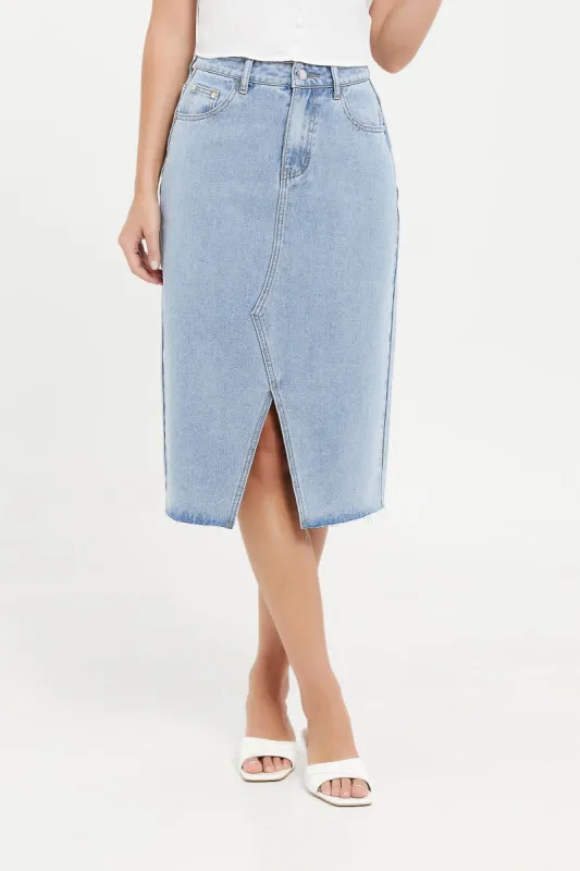 Women Blue Front Slit Bottom Frayed Denim Skirt sold by Redtag