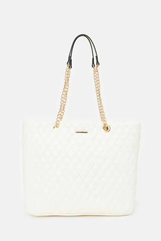 Women White Quilted Tote Bag sold by Redtag
