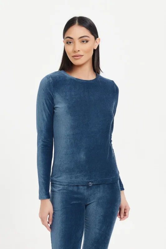Women Blue Velour Sweatshirt With Drawstring sold by Redtag