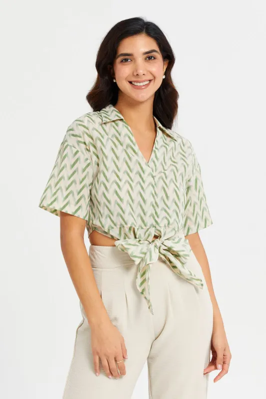 Women Beige And Green Front Tie Printed Blouse sold by Redtag