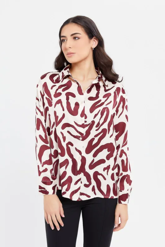 Women Cream And Brown Printed Satin Shirt sold by Redtag