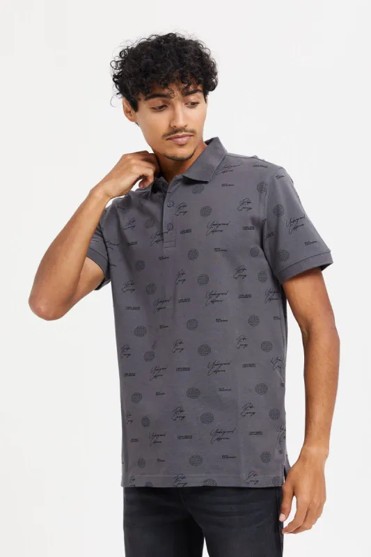 Men Charcoal All-Over Polo Shirt sold by Redtag