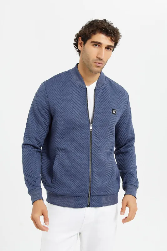 Men Blue Jacquard Bomber Zipper Jacket sold by Redtag
