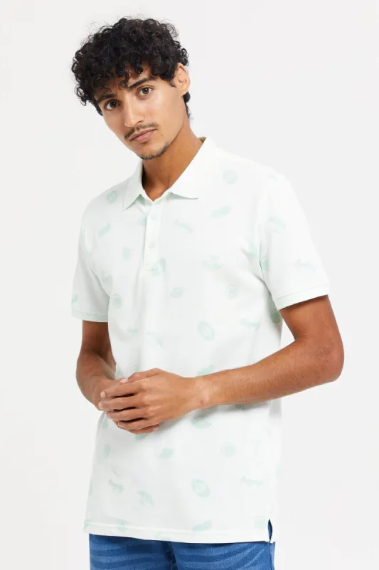 Men Green And White All-Over Polo Shirt sold by Redtag
