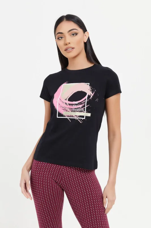 Women Black Art Foil T-Shirt sold by Redtag