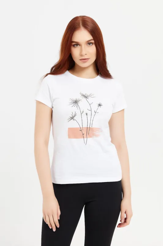 Women Cream Floral Foil T-Shirt sold by Redtag