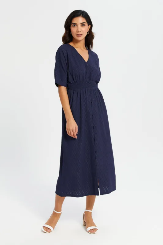 Women Navy Jacquard Midi Dress sold by Redtag