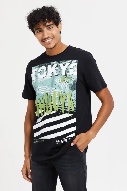 Men Black Tokyo Print T-Shirt sold by Redtag