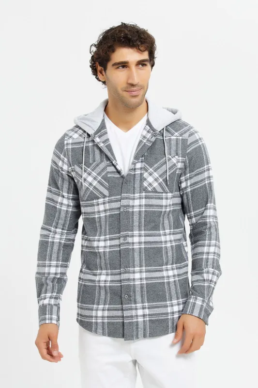 Men White And Grey Check Flannel Shirt With Hoody sold by Redtag