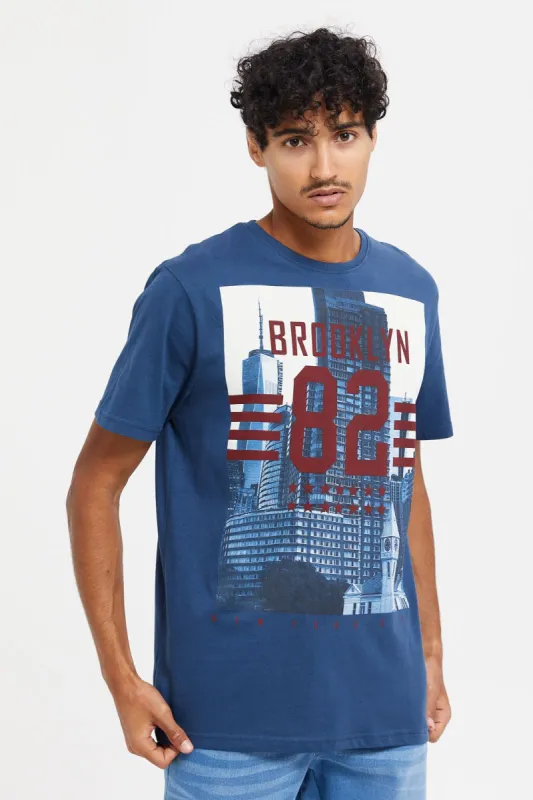 Men Blue Brooklyn Print T-Shirt sold by Redtag