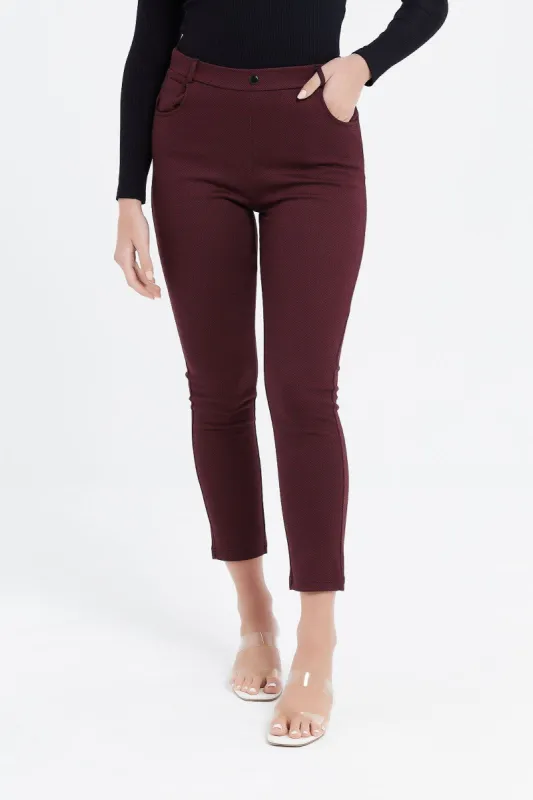 Women Burgundy Plain Trousers sold by Redtag