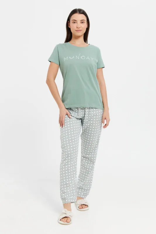 Women Green Chest Print  Pyjama Set (2 Piece) sold by Redtag
