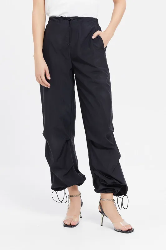 Women Black Drawstring Parachute Pants sold by Redtag