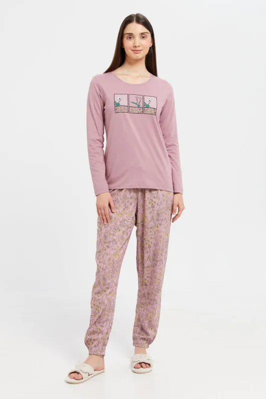 Women Mauve Chest Print Pyajam Set (2 Piece) sold by Redtag