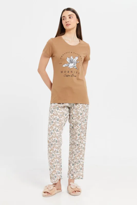 Women Beige Chest Print Short Sleeve Pyjama Set (2 Piece) sold by Redtag