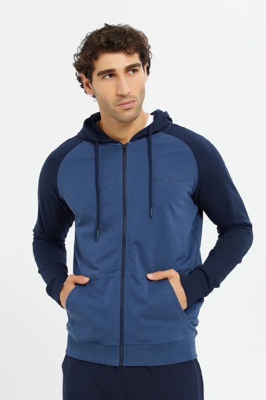 Men Blue And Navy Raglan Hooded Sweatshirt sold by Redtag