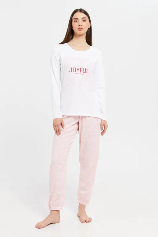Women White Chest Print Long Sleeve Pyjama Set (2 Piece) sold by Redtag
