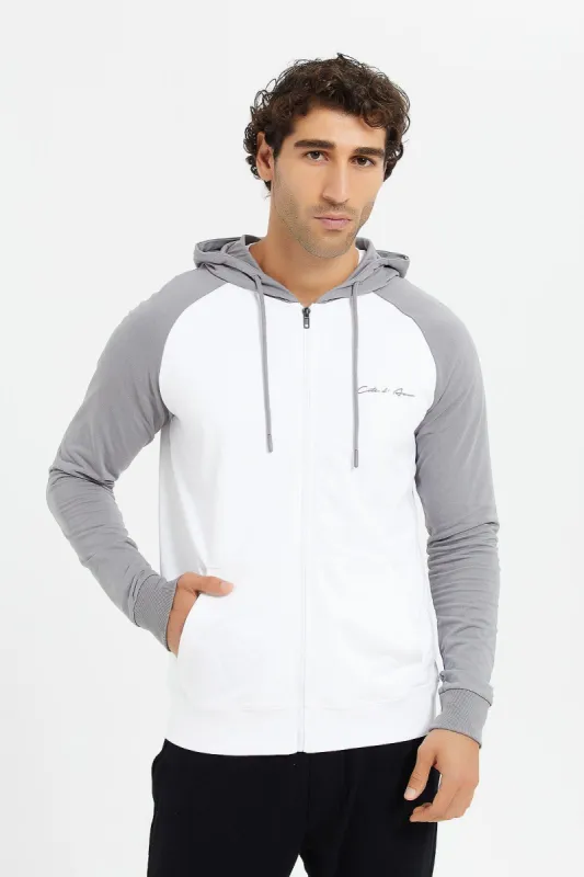 Men White And Grey Raglan Hooded Sweatshirt sold by Redtag