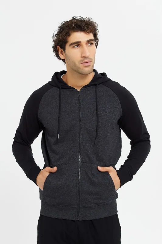 Men Charcoal And Black Raglan Hoodie Sweatshirt sold by Redtag