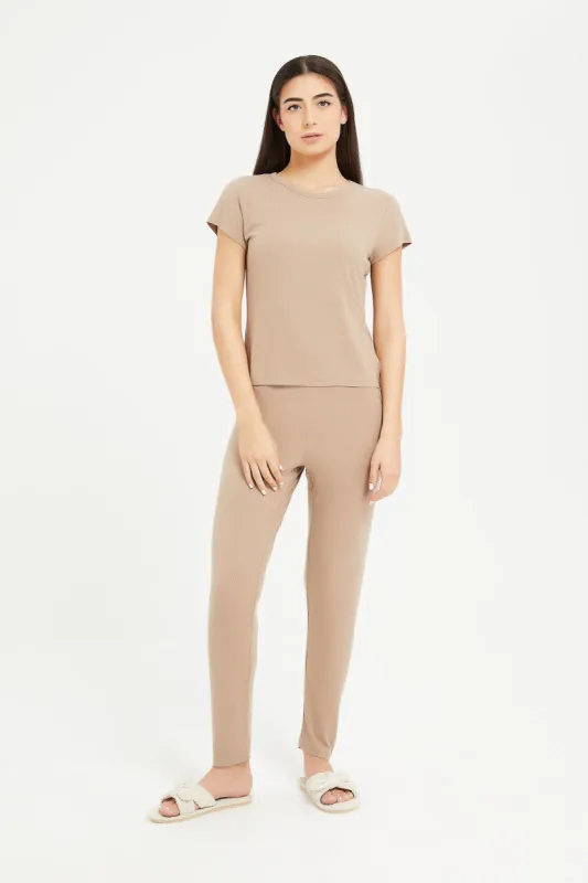 Women Beige Solid Short Sleeve Pajama Set (2 Piece) sold by Redtag