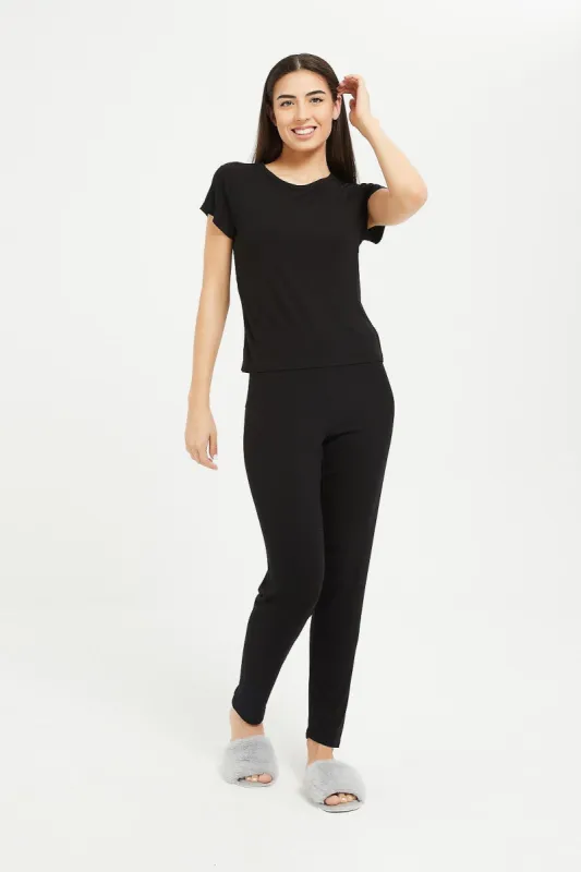 Women Black Solid Short Sleeve Pajama Set (2 Piece) sold by Redtag