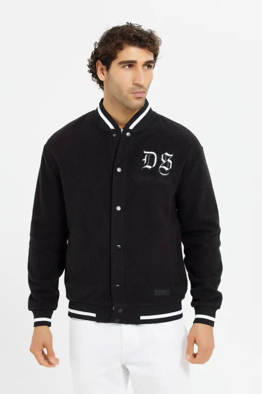 Men Black Polar Fleece Varsity Bomber Jacket sold by Redtag