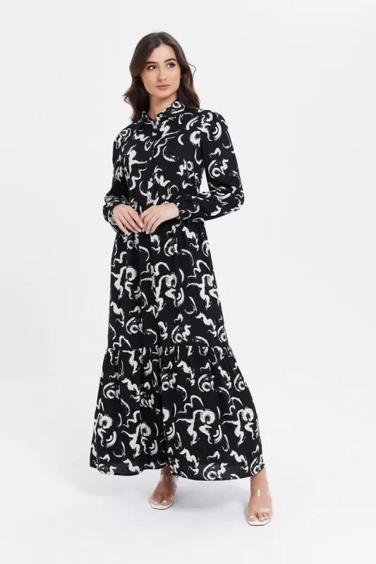 Women Black And White Printed Collar Shirt Dress sold by Redtag