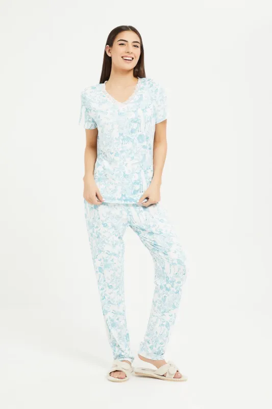 Women White And Blue Printed Pajama Set (2 Piece) sold by Redtag