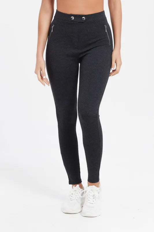 Women Charcoal Leggings With Button sold by Redtag