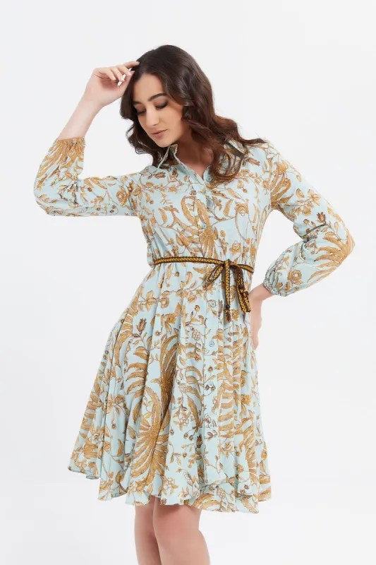 Women Blue Printed Shirt Dress sold by Redtag